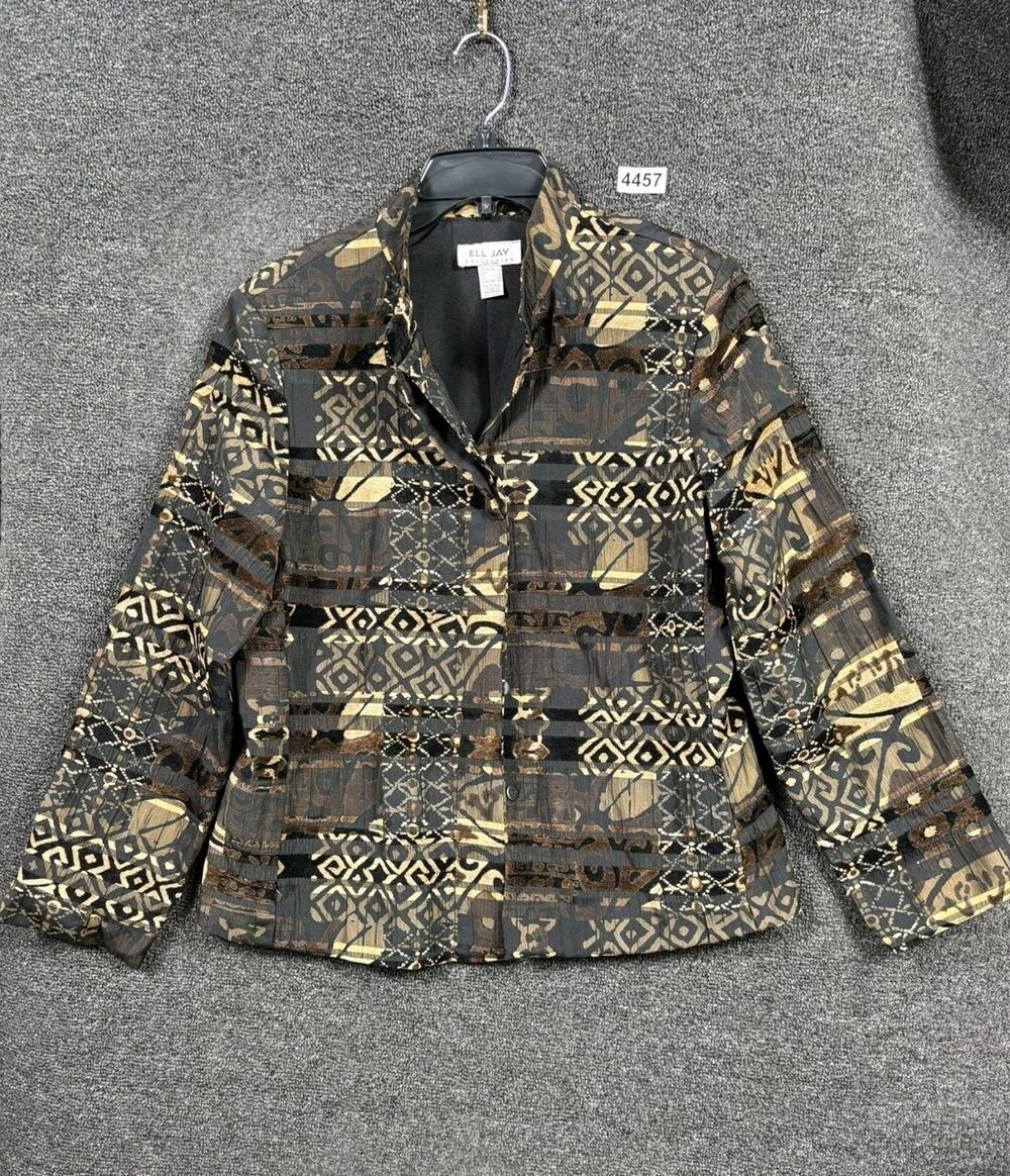 Ell Jay Jacket Womens Medium Black Gold Brown Abstract Pattern Button Up Canada